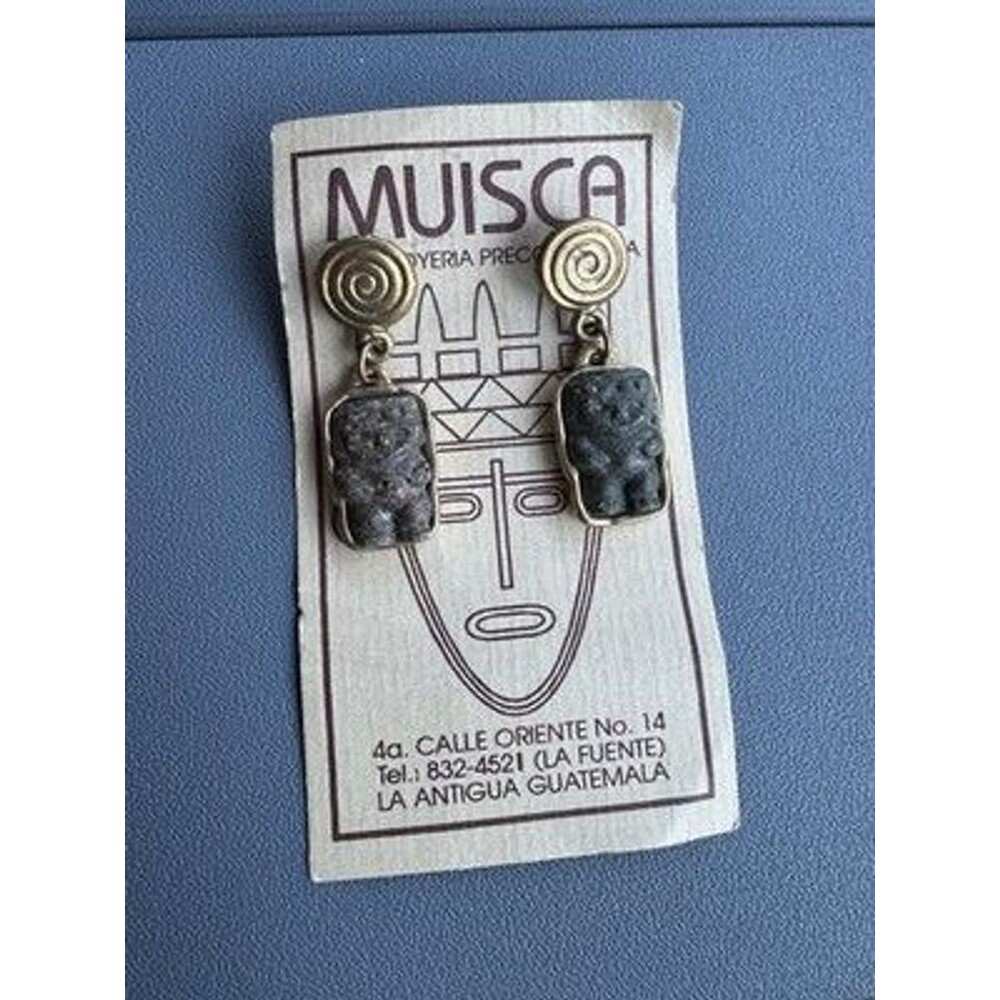 Muisca Guatamalan Precolumbian Artisan Metal And Stone Drop Earrings Mayan